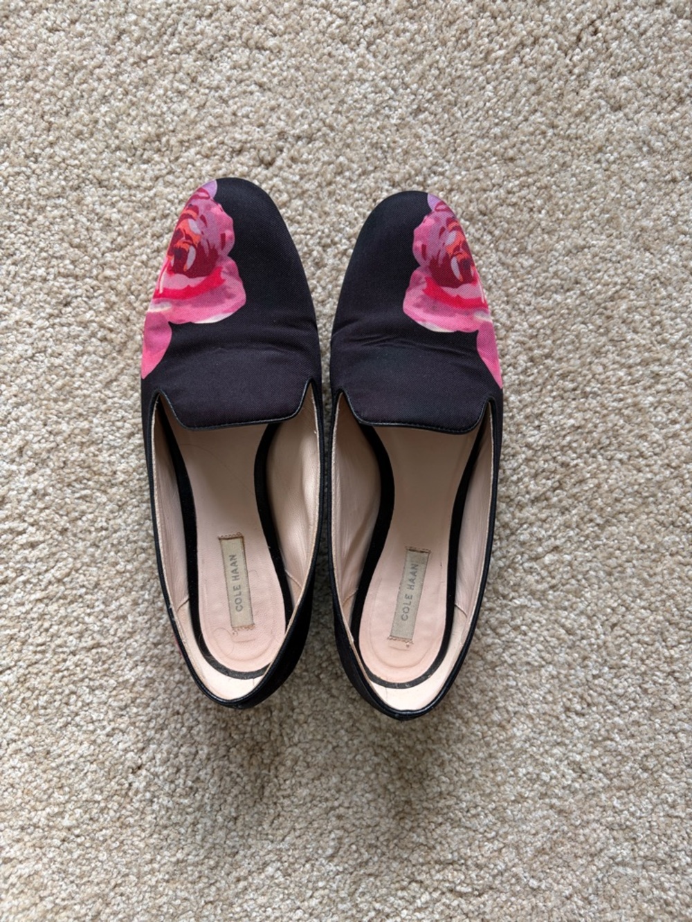 Cole Haan Black Slip-On Loafers with Pink Floral Accent